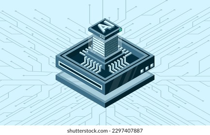 Artificial intelligence micro chip illustration. Quantum computing. Artificial intelligence computer. Isometric machine programming. Vector illustration