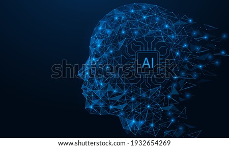 Artificial intelligence. A microchip in the cyborg's head. Low-poly design of lines and dots. Blue background.