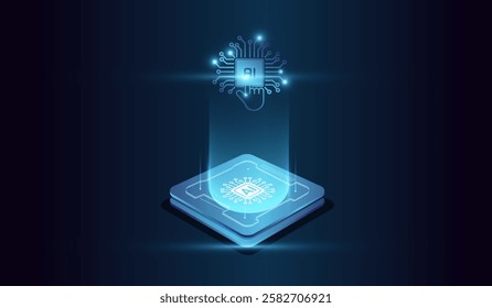 The artificial intelligence. microchip and digital head of system at the center represents computational power, and glowing microchip at the base emitting a holographic human head