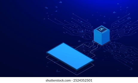 Inteligência artificial com microchip, smartphone e placa eletrônica isométrica. Conceito de tecnologia e engenharia. Ilustração vetorial