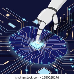 The artificial intelligence microprocessor on the circuit board. The hand of the robot touches the processor. AI. Vector illustration.