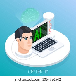 Artificial intelligence mind archivation isometric composition with human head connected to digitizing computer software with dna vector illustration