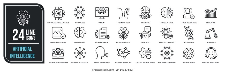 Artificial intelligence minimal thin line icons. Related technology, digital, automation, machine. Vector illustration.