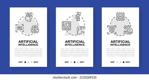 Artificial Intelligence mobile app screens. Robotics, Chatbot, Database, Big Data vertical banners for website design illustration.