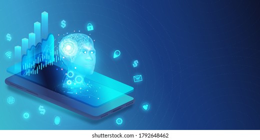 Artificial intelligence of mobile phone with business graph and AI analytics data on isometric Smartphone. Analysis stock trends and financial strategy. Vector illustration.
