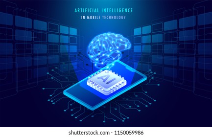 Artificial Intelligence In Mobile Technology concept, isometric illustration of smartphone with AI processor chip on Sci-Fi background. Artificial Intelligence In Mobile Technology concept, isometric illustration of smartphone with AI processor chip on Sci-Fi background.