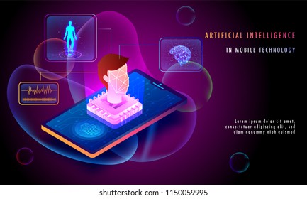 Artificial Intelligence In Mobile Technology concept, AI Processor chip on smartphone screen with human face, facial biometric identity and approval based responsive web template.