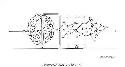 Artificial Intelligence and mobile technology continuous single line art drawing sketch on white background