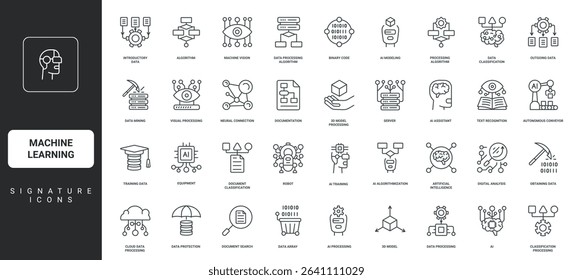 Artificial intelligence model, document processing, server thin black symbols vector illustration. Machine learning, automatic data classification and mining, AI assistant line icon set.