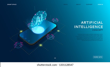 Artificial intelligence modern concept. Ai hologram of digital brain controls app on smartphone. Internet of things technology. Vector illustration.
