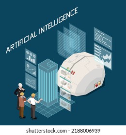 Artificial intelligence in modern construction technologies isometric background with connected hardhat and augmented reality elements vector illustration