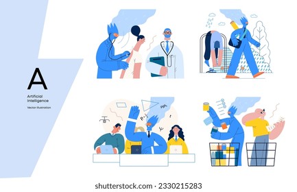 Artificial intelligence, modern flat vector concept illustrations of AI effectively replacing humans in they everyday life. Metaphor of AI advantage, superiority and dominance concept