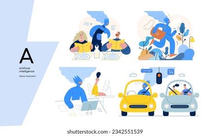 Artificial intelligence, modern flat vector concept illustrations of AI effectively replacing humans in they everyday life. Metaphor of AI advantage, superiority and dominance concept