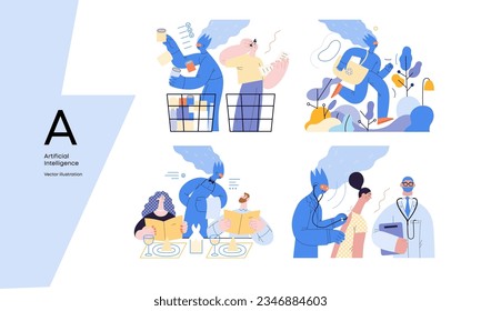 Artificial intelligence, modern flat vector concept illustrations of AI effectively replacing humans in they everyday life. Metaphor of AI advantage, superiority and dominance concept