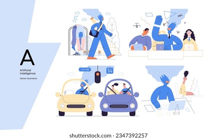 Artificial intelligence, modern flat vector concept illustrations of AI effectively replacing humans in they everyday life. Metaphor of AI advantage, superiority and dominance concept