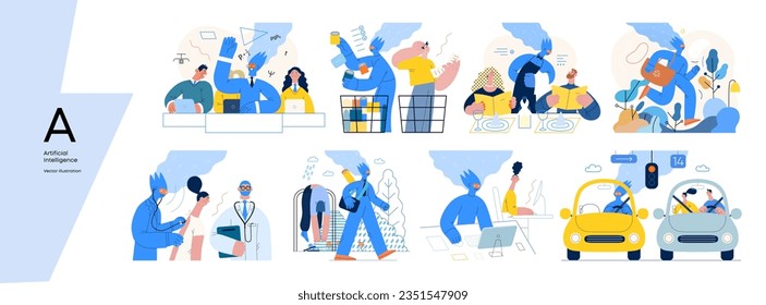 Artificial intelligence, modern flat vector concept illustrations of AI effectively replacing humans in they everyday life. Metaphor of AI advantage, superiority and dominance concept