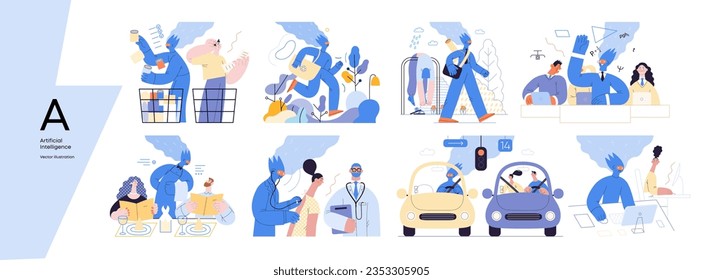 Artificial intelligence, modern flat vector concept illustrations of AI effectively replacing humans in they everyday life. Metaphor of AI advantage, superiority and dominance concept