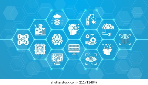 Künstliche Intelligenz, moderne Symbole, die Banner. Robotik, Chatbot, Datenbank, Big Data Illustrationskonzept für Webdesign