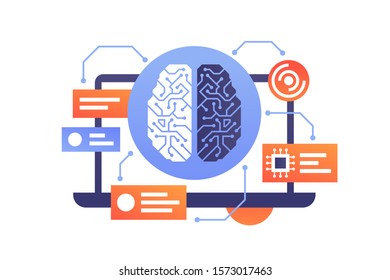 Artificial intelligence of modern technology brain in laptop. Isolated concept device with message box using ai and new processor. Vector illustration.