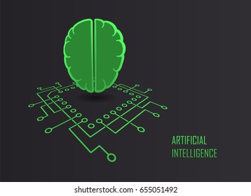 Artificial intelligence modern technology sign with cpu processor and brain form machine learning self-development concept. Vector illustration