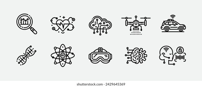 Inteligencia Artificial y Tecnología Moderna Conjunto de iconos de contorno vectorial