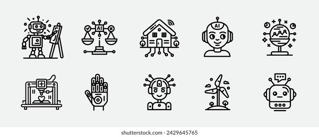 Artificial Intelligence and Modern Technology Vector Outline Icon Set