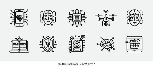 Artificial Intelligence and Modern Technology Vector Outline Icon Set