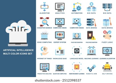 Conjunto de iconos multicolor de inteligencia artificial. contiene automatización, ciencia cognitiva, computación de borde, aprendizaje automático y más. uso para el concepto moderno, el Web y el desarrollo de App. Vector EPS 10