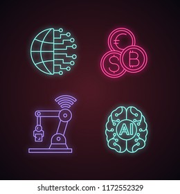 Artificial intelligence neon light icons set. Neurotechnology. AI. Big data, currency exchange, IoT robot, digital brain. Glowing signs. Vector isolated illustrations