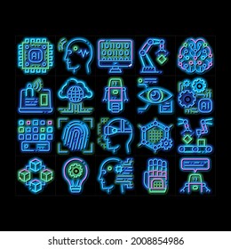 Artificial Intelligence neon light sign vector. Glowing bright icon  Artificial Intelligence Details Binary Code, Robot, Light Bulb Pictograms. Fingerprint, Microchip, Assembly Illustrations