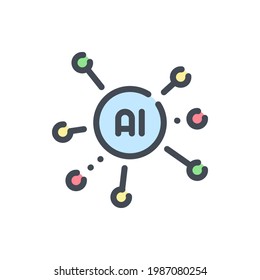 Icono de línea de color de la red de inteligencia artificial. IA con conexión a puntos de contorno vectorial señal colorida.