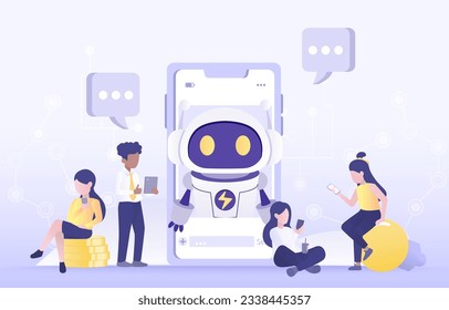 Artificial intelligence network concept. Online communication with AI assistant. Business people chat with robot virtual assistant, discuss planning and thinking for business development and success.