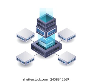 Artificial intelligence network server isometric flat illustration