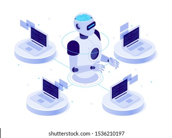 Artificial intelligence network. Virtual AI bot, chat with computer assistant and machine learning. Digital robotic chatbot software, futuristic isometric isolated vector concept illustration