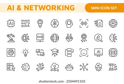 Artificial intelligence and Networking technology icon set. AI and networking editable line icon illustration.