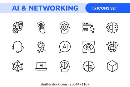 Artificial intelligence and Networking technology icon set. AI and networking editable line icon illustration.