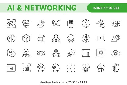 Artificial intelligence and Networking technology icon set. AI and networking editable line icon illustration.