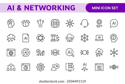 Artificial intelligence and Networking technology icon set. AI and networking editable line icon illustration.