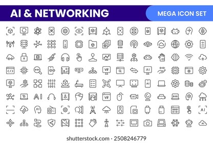 Artificial intelligence and Networking technology icon set. AI and networking Outline icon illustration.