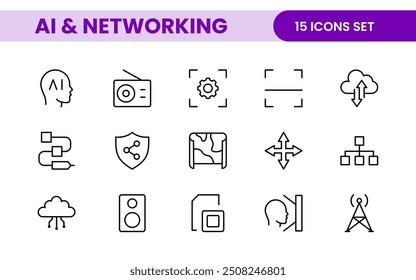 Artificial intelligence and Networking technology icon set. AI and networking Outline icon illustration.