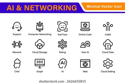 Conjunto de ícones de inteligência artificial e tecnologia de rede. Ilustração do ícone de linha editável do AI e da rede.