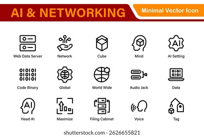 Artificial intelligence and Networking technology icon set. AI and networking editable line icon illustration.