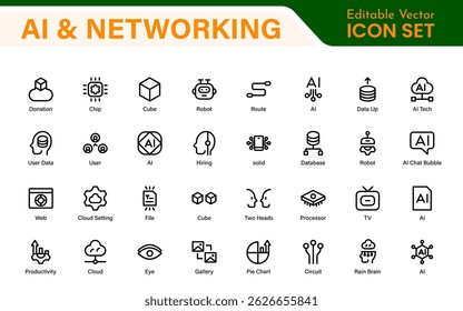 Conjunto de ícones de inteligência artificial e tecnologia de rede. Ilustração do ícone de linha editável do AI e da rede.