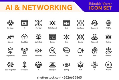 Artificial intelligence and Networking technology icon set. AI and networking editable line icon illustration.