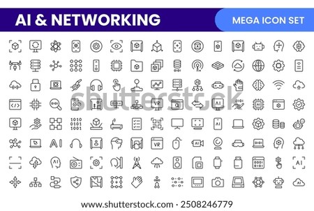 Artificial intelligence and Networking technology icon set. AI and networking Outline icon illustration.