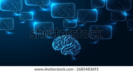 Artificial intelligence and neural communication concept with glowing polygonal brain and digital speech bubbles. Futuristic low poly wireframe vector illustration on dark blue tech background.