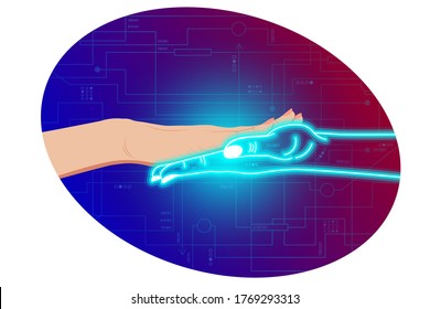 Künstliche Intelligenz, künstliches neuronales Lernen Netzwerke, Stilisierung in Form von weiblicher Hand berührt Cyber-digitale Hand in Neonfarbe. Auf digitalem Cyberhintergrund. Vektor einzeln auf horizontaler Ebene