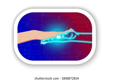 Artificial Intelligence, neural learning artificial networks, stylization in the form of female hand touches cyber digital hand in neon color. On a digital cyber background. Sticker with outline