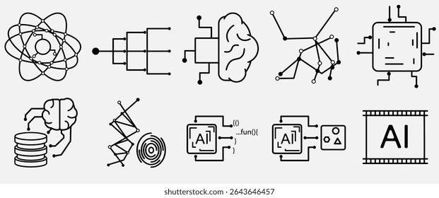 Inteligencia artificial y red neuronal negro conjunto de iconos. Conceptos de IA, datos y Tecnología