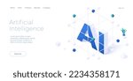 Artificial intelligence or neural network concept in isometric vector illustration. Neuronet or ai technology background with data screens and cloud connection. Web banner layout template